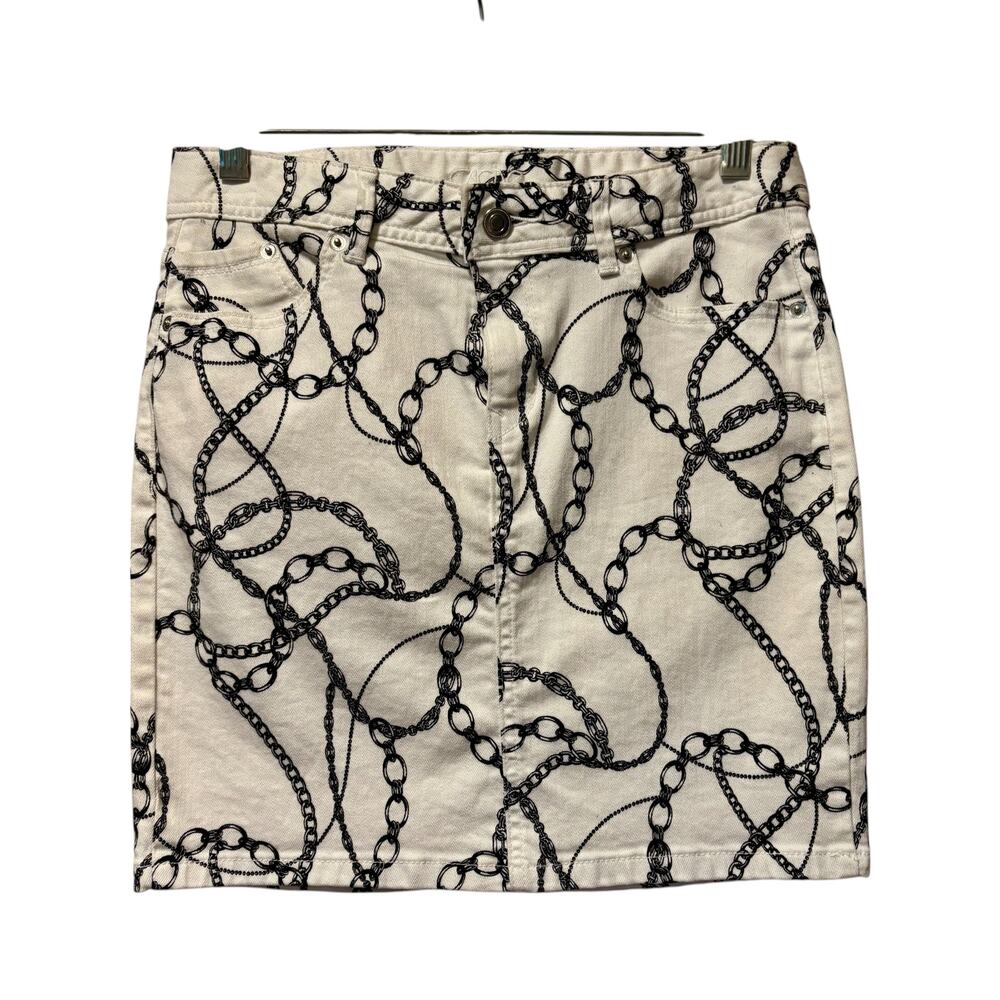 Cache Black White Pencil Status Chains Denim Stretch Mini Skirt sz 2 NWoT